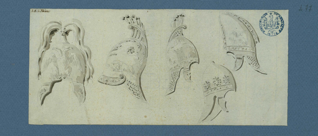 Cinq casques (romains ?) / Jean-Baptiste-Louis Le Faivre , [S.l.] : [J.-B.-L. Le Faivre], [1700-1800]