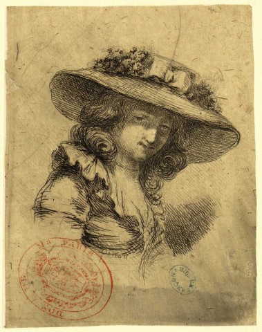 Jeune femme coiffée d'un grand chapeau à fleurs [Image fixe] / Denon , 1747/1825