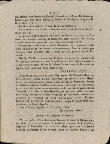 24/07/1808 - Feuille d'avis autorisée par arrêté de M. le Préfet du département du Doubs