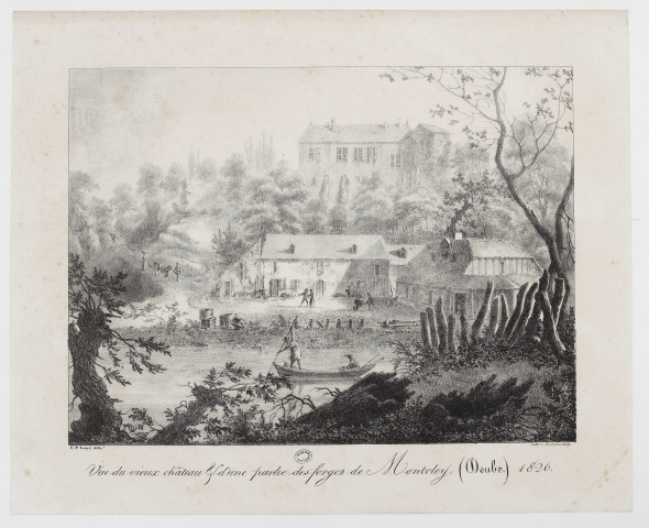 Vu du vieux château et d'une partie des forges de Montcley [sic] (Doubs) [estampe] / C.P. Lainé delineavit, lithographie de Pointurier à Dole , Dole : Pointurier, 1826