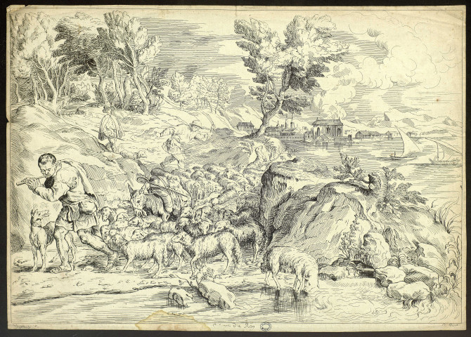 [Paysage avec sur la gauche un berger jouant de la flûte en tête de son troupeau] [image fixe] / Tiranus in ; C. Sculp , 1712/1765