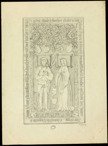 Dalle tumulaire de Claude II de Fouchier et de Marguerite de Lannoy, sa femme, dans l'église de Savoyeux (Haute-Saône) [dessin] / Marianne Guyet , [Savoyeux] : [M. Guyet], [1841]