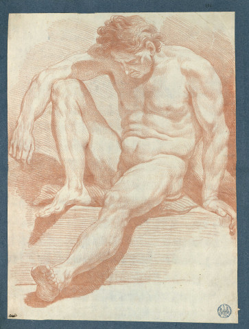 Etude de nu assis, jambe droite pliée, le visage penché vers le sol ; de trois-quarts avant gauche / Briard , [S.l.] : [Briard], [1700-1800]