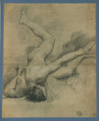 Etude de nu couché, le torse et la face presque contre terre, légèrement soulevé vers la droite, la jambe gauche pliée vers la gauche, la jambe droite pliée vers la droite / J. Casanova , [S.l.] : [J. Casanova], [1700-1800]