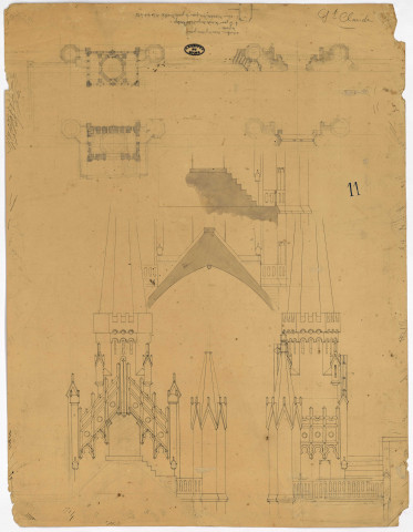 Eglise Saint-Claude, projet de construction, détails (flèches) : plan et croquis (brouillon, s.d., porte le n°11).