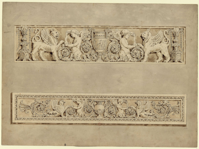 Deux bas-reliefs romains [Dessin] : au palais Aldobrandin et à la villa Albani , [S.l.] : [s.n.], [1750-1799]