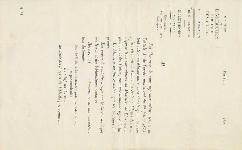 1954.6.47 - Modèle de lettre du Chef du bureau du dépôt des livres et des bibliothèques scolaires au Ministère de l'Instruction Publique, des Cultes et des Beaux-Arts