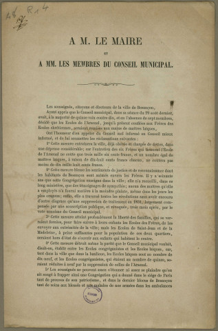 Instruction publique. Ecoles primaires communales, écoles supérieures ; Ecoles normales d'instituteurs et d'institutrices : personnel, classes, décrets, instructions & Correspondance de la ville avec L'inspection académique (1795-1890) ; Ecoles libres primaire et supérieur. Ecole de droit, faculté des sciences, Lycée.