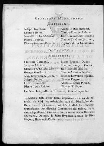 Délibérations du conseil général de la commune de la ville d'Ornans en réponse à la lettre du directoire du département du Doubs, tendante à procurer, la réunion du district de cette ville et de ceux de Quingey et Saint-Hyppolite à ceux de Besançon, Baume et Pontarlier, du 23 septembre 1790. Extrait des registres des délibérations de la Municipalité d'Ornans, chef-lieu de district