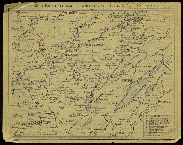 Carte postale, télégraphique et des chemins de fer du département du Doubs. [Document cartographique] , Rennes, : Oberthur, 1900