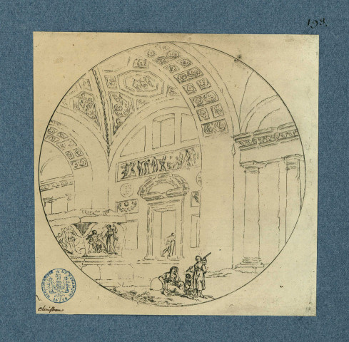 Intérieur d'un temple avec plafond décoré, au premier plan un groupe formé par deux femmes et un enfant / Clérisseau , [S.l.] : [Clérisseau], [1700-1800]