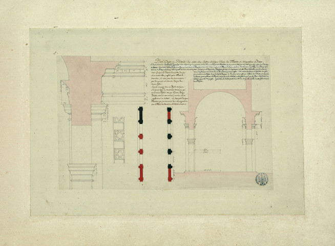 Plan, coupes et détails des restes d'un édifice antique voisin du théâtre de Marcellus à Rome / Pierre-Adrien Pâris , [S.l.] : [P.-A. Pâris], [1700-1800]