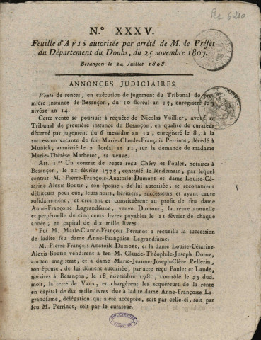 24/07/1808 - Feuille d'avis autorisée par arrêté de M. le Préfet du département du Doubs