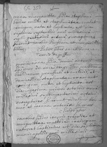 Registre d'établissements militaires : Fort Griffon
baptêmes (naissances), mariages sépultures (décès) (7 septembre 1708 - novembre 1734)