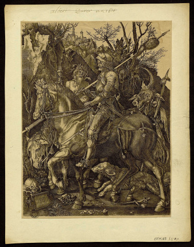 [Le Chevalier, la Mort et le Diable, d'après Dürer] [estampe]  ; AD [Monogramme] , [S.l.] : [s.n.], [1549-16..]