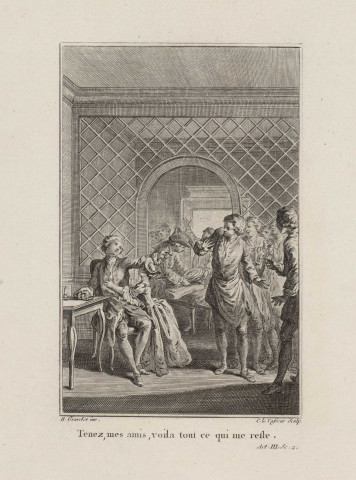 [Gravure pour l'acte III scène 12 du "Fabricant de Londres" de Fenouillot de Falbaire] [estampe] / H. Gravelot inv. C. le Vasseur sculp. , [Paris : s.n., circa 1780]