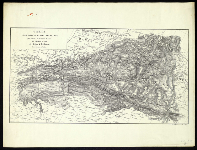 Carte d'une partie de la frontière de l'Est pour servir à la discussion du tracé de chemin de fer de Dijon à Mulhouse entre Besançon et Valdieu. [Document cartographique] , Paris : impr. Bineteau, 1849/1928