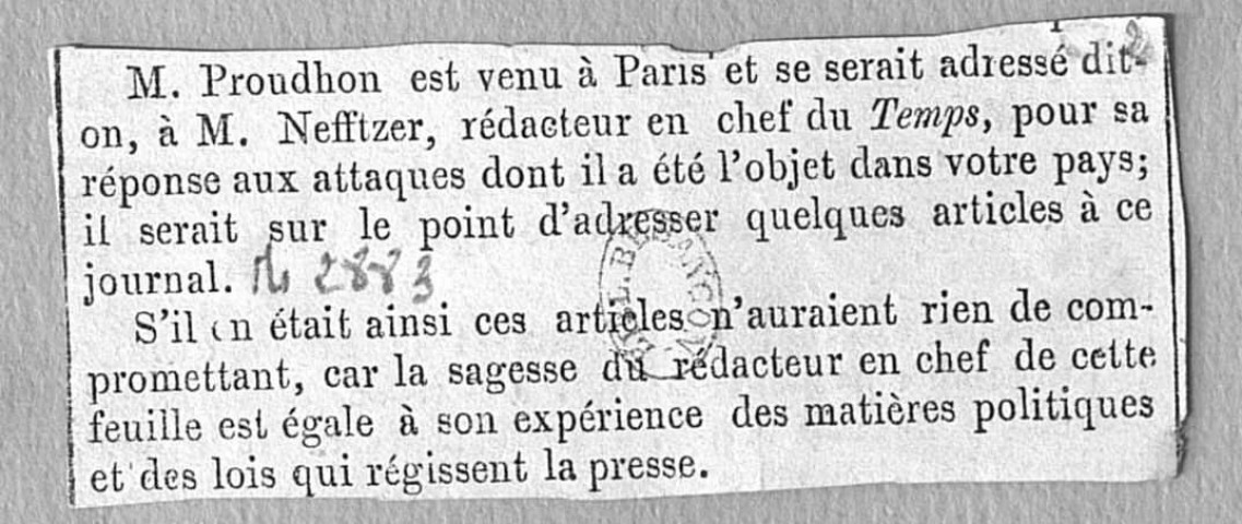 Ms 2883 - Tome X. Pierre-Joseph Proudhon. Notes et écrits divers.