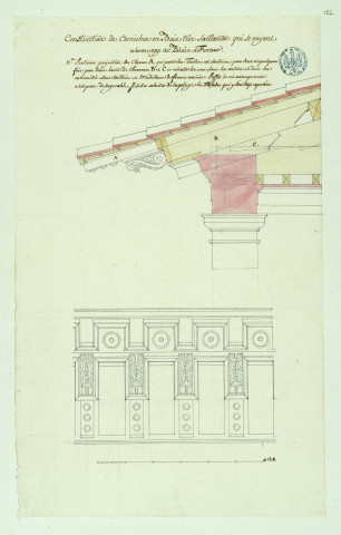 Construction de corniches en bois très saillantes qui se voient sur beaucoup de palais à Florence [coupe et plan ?] / Pierre-Adrien Pâris , [S.l.] : [P.-A. Pâris], [1700-1800]
