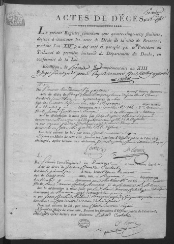 Registre des décès, 1er vendémiaire an XIV - 28 mai 1806