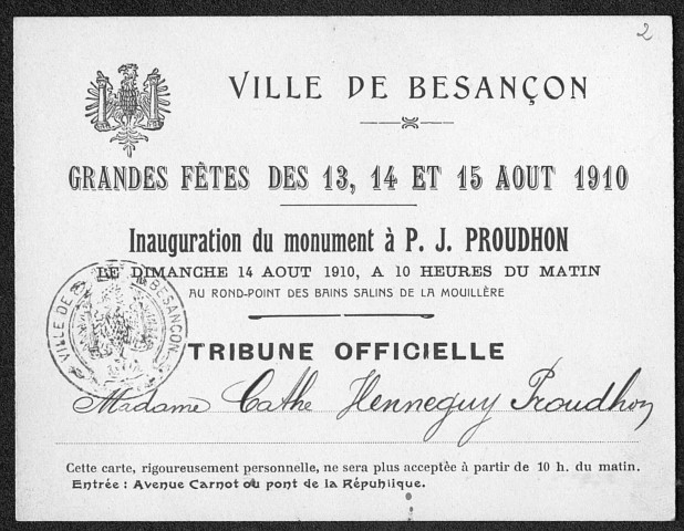 Ms 2928 - Documents sur les monuments élevés en l'honneur de Proudhon à Besançon