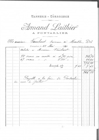 Monsieur Vaucheret, Tanneur à Mouthe : correspondance professionnelle : factures et lettre. 1888-1903