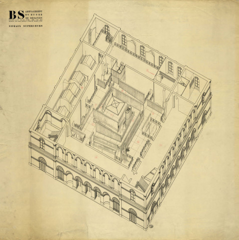 Musée des Beaux-Arts, projet d'aménagement de Louis Miquel, structure d'ensemble du bâtiment : 2 plans en 3D des niveaux inférieurs et supérieurs.