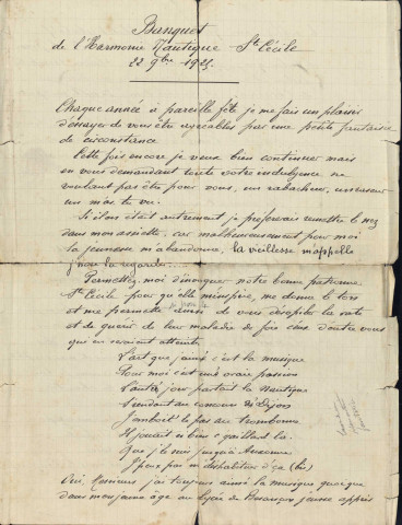 Brouillon et discours manuscrits ; banquet de Sainte-Cécile ; par Emile Jacquemin.
