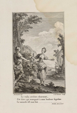 Gravure pour l'acte I scène 6 de "Sémire et Mélide" de Fenouillot de Falbaire [image fixe] / H. Gravelot del. C. le Vasseur sculp. , Paris, 1773
