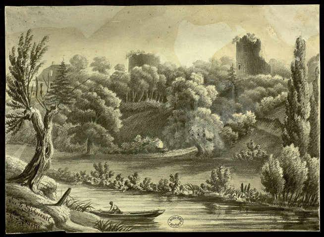 Vue de Richecourt (Haute-Saône), pour une lithographie destinée à illustrer la chanson intitulée "Ma belle Saône !" [dessin] / Loeillot , [Richecourt] : [Loeillot], [1800-1899]