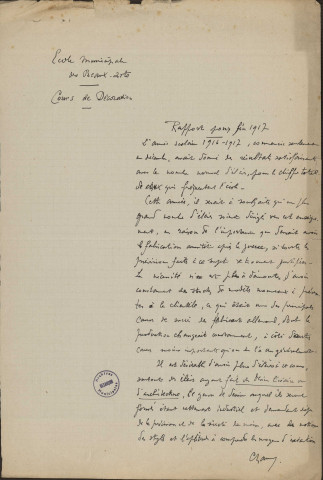 Ecole des Beaux Arts : Fonctionnement, administration, règlement, locaux (projet) ;, réorganisation, règlement de l'école : modification, renseignements fournis par d'autres villes, appellation (1944) Inspection et rapports d'installation, rapports du Directeur ; Locaux : installation de l'éclairage électrique : chauffage des salles de cours dans l'immeuble 19 rue Renan (1921), inauguration de nouveaux locaux ancienne école d'horlogerie (1936). Salle de cours de M. Voitot : transformation ; Notices, renseignement sur l'école ; Réorganisation, règlements, programmes ; Fonctionnement, affaires diverses (1944)