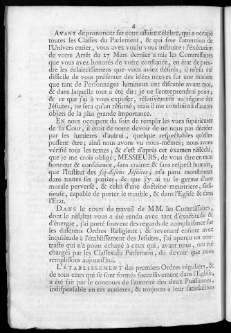 Discours d'un de MM. les Commissaires nommés par le Parlement de Besançon pour l'examen de l'affaire des Jésuites au Parlement, toutes les chambres assemblées, sur les constitutions, la doctrine, et la morale desdits soi-disans jésuites, ainsi que sur les libellés publiés pour leur défense du 18 août 1762