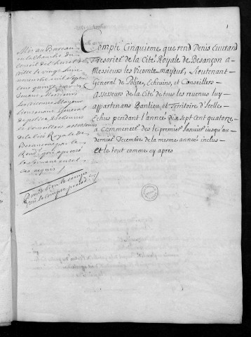 Comptes de la Ville de Besançon, recettes et dépenses, Compte de Denis Euvrard (1714)