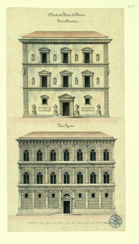 Registre supérieur : façade du palais Bartolini à Florence. Registre inférieur : façade du palais Ruccellaï à Florence / Pierre-Adrien Pâris , [S.l.] : [P.-A. Pâris], [1700-1800]