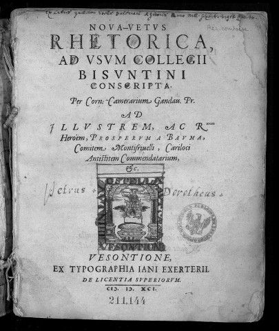 Nova-vetus rhetorica, ad usum Collegii Bisuntini conscripta. Per Corn. Camerarium,...