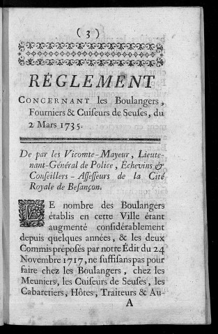 Réglement concernant les boulangers, fourniers et cuiseurs de seuses. Du 2 mars 1735