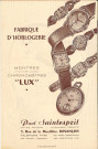Fabrique d'horlogerie Paul Saintesprit située 3 rue de la Mouillère à Besançon : prospectus de présentation des montres et chronomètres "Lux", bordereau des prix, papier à en-tête.