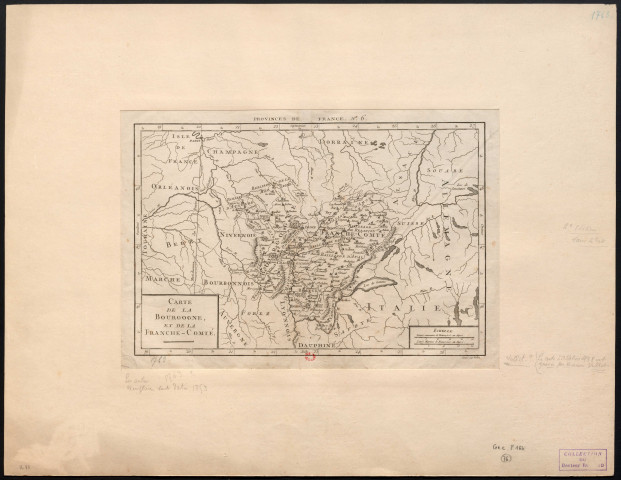 Carte de la Bourgogne et de la Franche-Comté gravée par Vallet. 25 lieues communes de France à 25 au degré = 20 lieues marines de Franche à 20 au degré. [Document cartographique] , 1667/1799