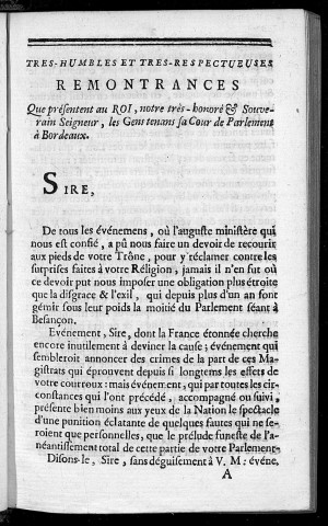 Remontrances du Parlement de Bordeaux concernant les trente exilés de celui de Besançon