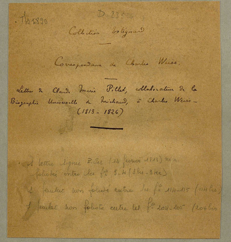 Ms 1890 - Correspondance de Charles Weiss (tome III) : Claude-Marie Pillet, collaborateur de L.-G. Michaud.