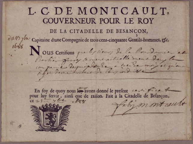 Ms Z 866 - Louis de Fabry, comte de Moncault. Pièce signée, 23 septembre 1688
