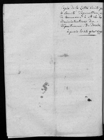 Copie de la lettre écrité par le comité d'agriculture et de commerce à MM. les administrateurs du département du Doubs. A Paris, le 14 novembre 1790 [Signé : Et. Meynier]