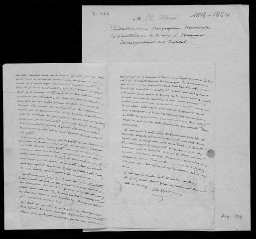 Ms Z 424 - Charles Weiss. Lettre à Jean Gigoux. 28 novembre 1853