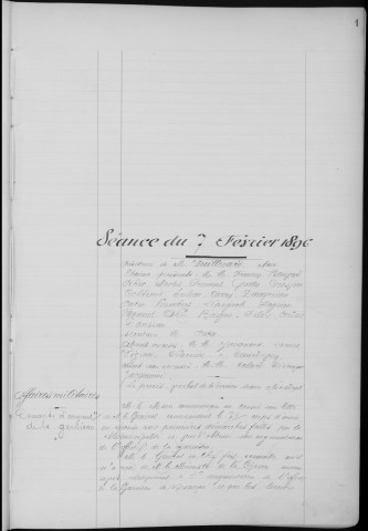 Registre des délibérations du Conseil municipal, avec table alphabétique, du 7 février 1896 au 13 juillet 1897