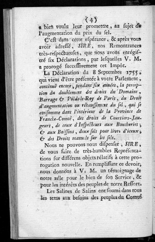 Remontrances du parlement de Franche-Comté au Roy sur la déclaration du 8 septembre 1755 concernant l'augmentation du prix du sel et les droits des courtiers-jaugeurs