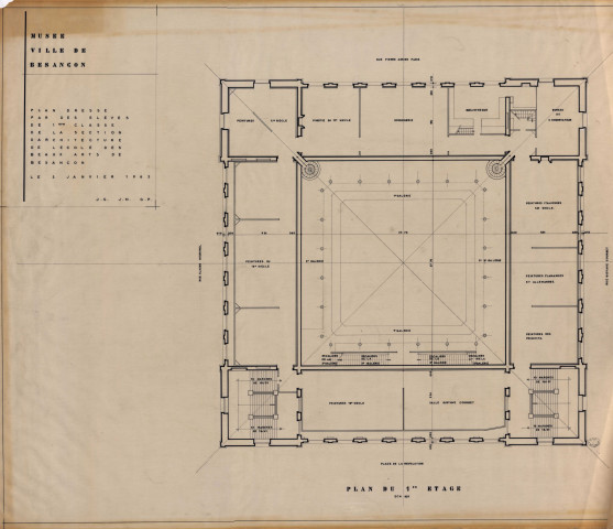 Musée des Beaux-Arts, projet d'aménagement conçu par les élèves de l'Ecole des Beaux-Arts de Besançon le 5 janvier 1965 : plan du rez-de-chaussée, du 1er étage, coupes transversale et longitudinale (calques).