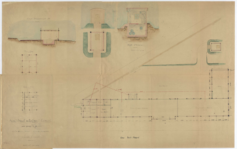 Sapeurs-pompiers : Bâtiments (1923-1926) : projet de construction d'une remise de pompes et de machines automobiles ; Projet de construction d'une caserne de pompiers, magasins, ateliers et hangars pour les services des eaux et de la voirie ; Projet de bâtiment : garage, caserne (plan)