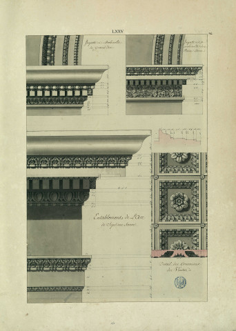Détails de l'Arc de Septime-Sévère : imposte et archivolte du grand arc ; imposte et archivolte du petit arc ; entablements ; détails des ornements des voûtes / Pierre-Adrien Pâris , [S.l.] : [P.-A. Pâris], [1700-1800]