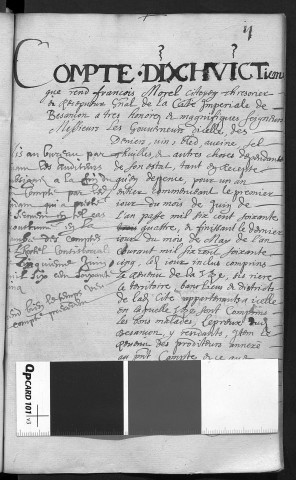 Comptes de la Ville de Besançon, recettes et dépenses, Compte de François Morel (1er juin 1664 - 31 mai 1665)