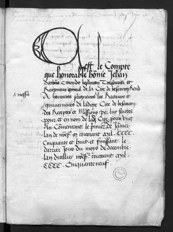 Comptes de la Ville de Besançon, recettes et dépenses, Compte de Jehan d'Arbois (1er janvier - 31 décembre 1459)
